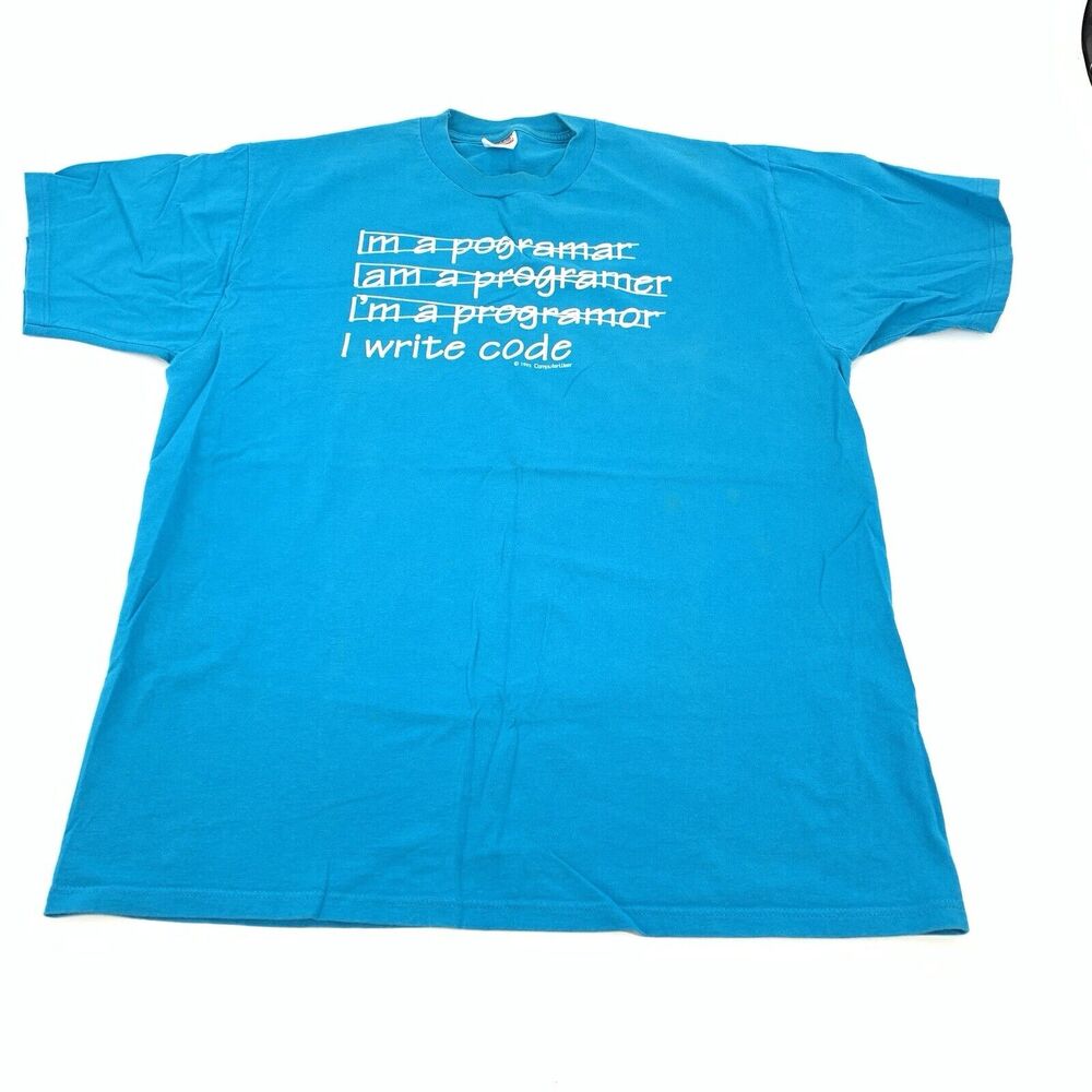 Vintage 1992 Computer Wear Programmer Coding Short Sleeve T-Shirt XL Bright Blue